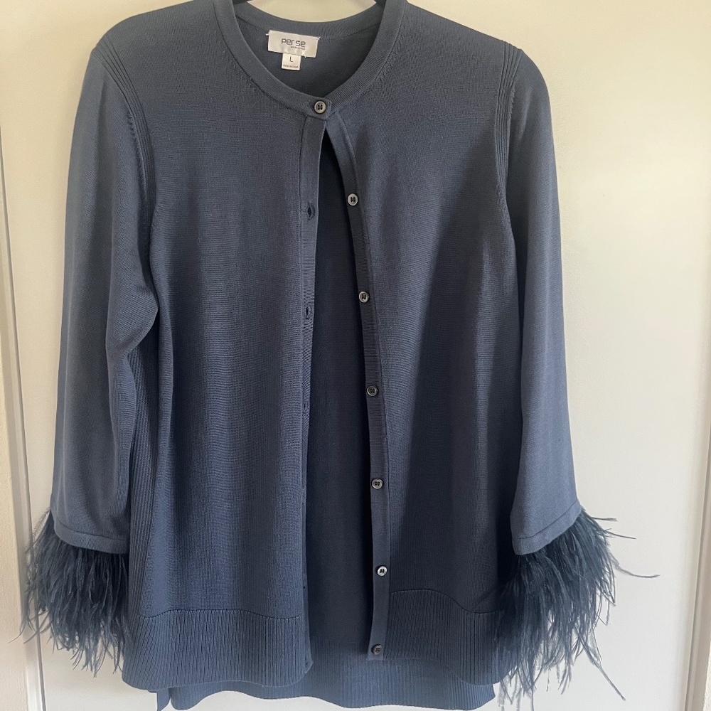 Per Se by Carlisle Blue Ostrich Feather Trim Silk Cardigan Womens L